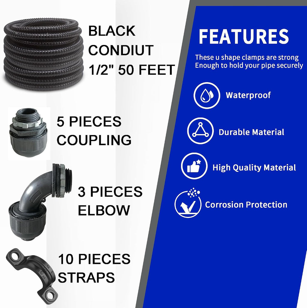 (1/2" Dia * 50 Feet) Yariwiz Black Special Extra Flexible Electrical Conduit Liquid Tight PVC Conduit Kit with 5 PCS