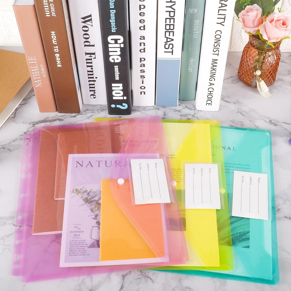 30pcs Binder Sleeves, Binder Pockets for 3 Ring, Binder Folders, 11 Holes, Letter Size, Snap Button Pouch with Label
