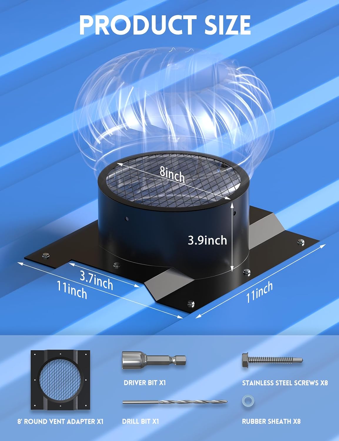8" Roof Whirlybird Turbine Vent Adapter with Built-in Metal Mesh, Shipping Container Corrugated Roof Vent Adapter for