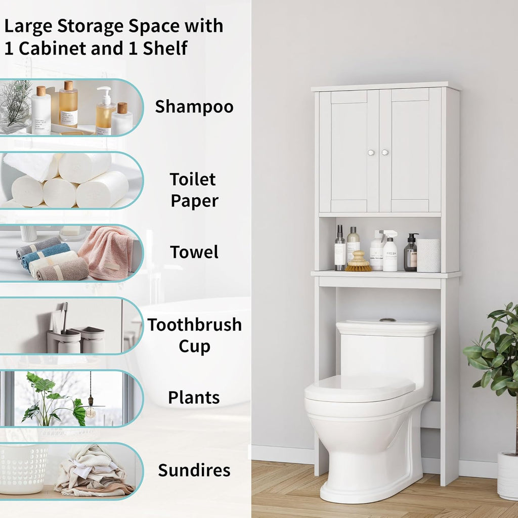 Over the Toilet Storage Cabinet, Bathroom Shelf Organizer with Anti-Tip Device Small Freestanding Space Saver with
