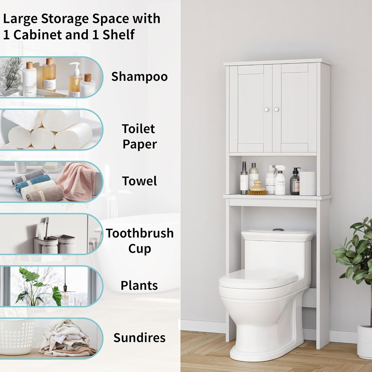 Over the Toilet Storage Cabinet, Bathroom Shelf Organizer with Anti-Tip Device Small Freestanding Space Saver with