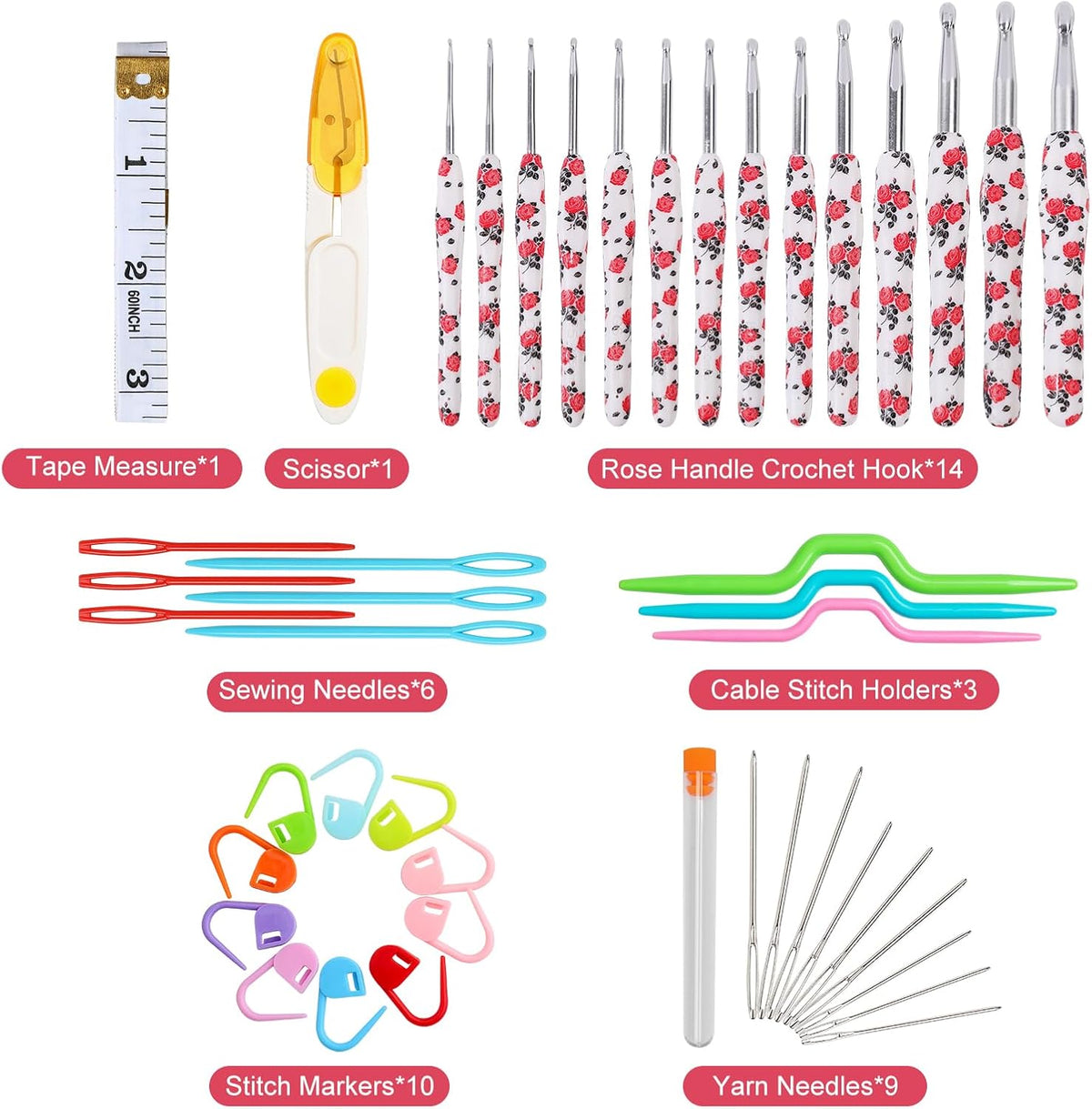 Crochet Hooks Set, 14 Sizes 2.25mm(B)-10mm(N) Ergonomic Handle for Arthritic Hands, Soft Rubber Grip Knitting Needles