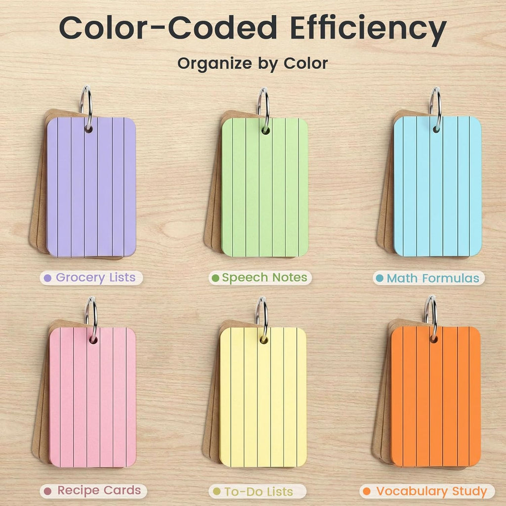 300 Count Index Cards with Ring, 2.2 x 3.5 Inch, Lined Flash Cards | Double-Sided Ruled Notecards in 6 Colors