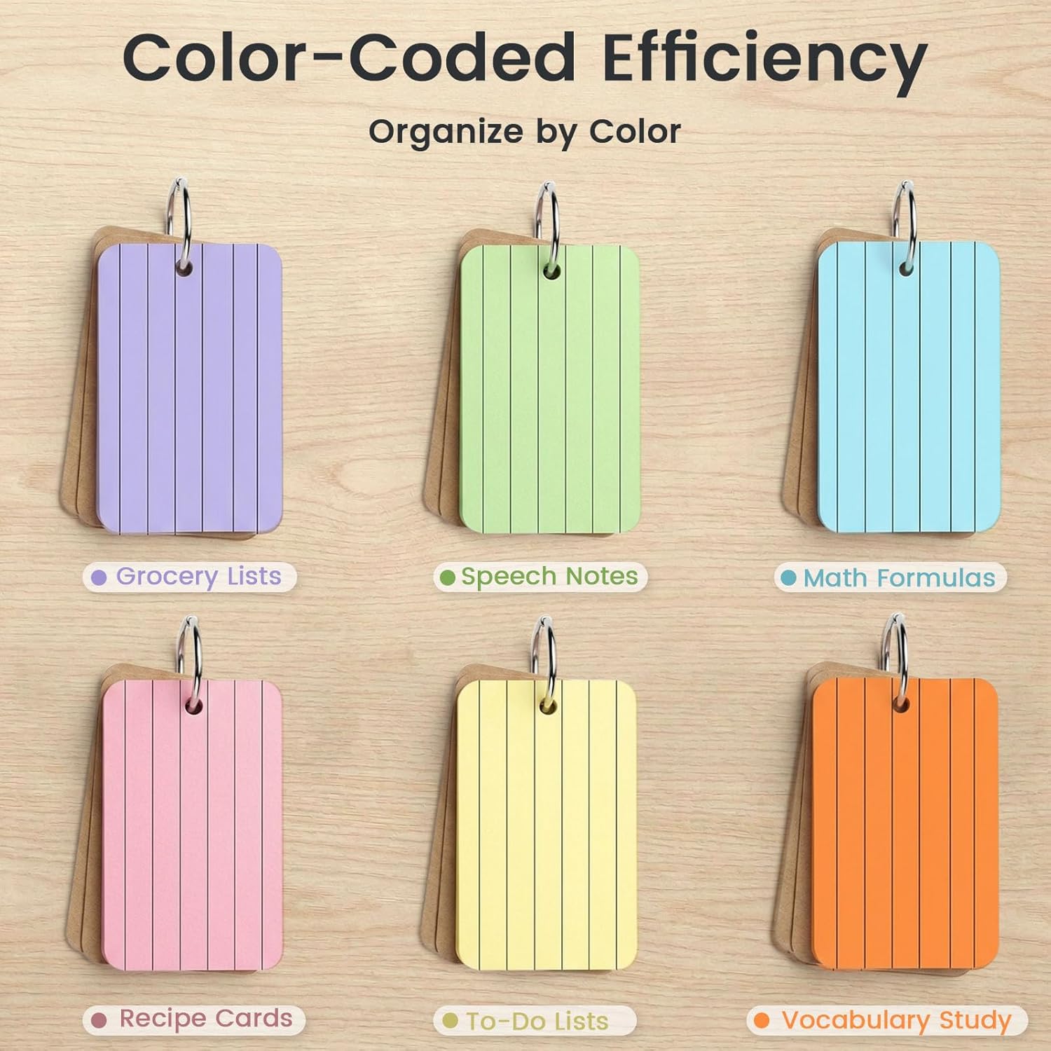 300 Count Index Cards with Ring, 2.2 x 3.5 Inch, Lined Flash Cards | Double-Sided Ruled Notecards in 6 Colors