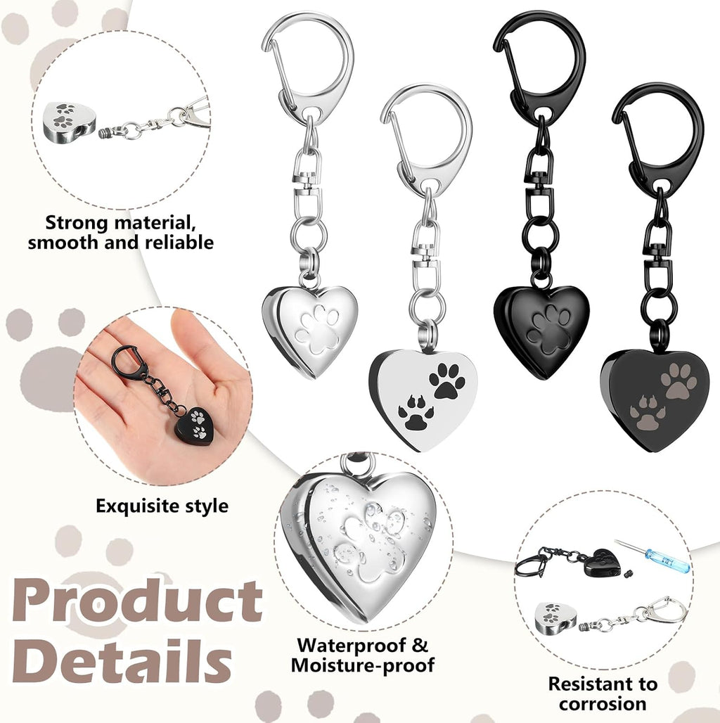 4 Pcs Pet Urn Keychain for Dog Ashes Heart Shaped Dog Ashes Keychain Stainless Steel Pet Ashes Keepsake Paw Print