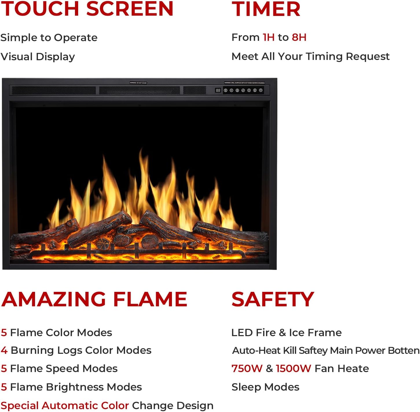 36" Electric Fireplace Insert, Realistic Log Recessed Electric Stove Heater, 4 Color Adjustable Flames, 8 H Timer, 5