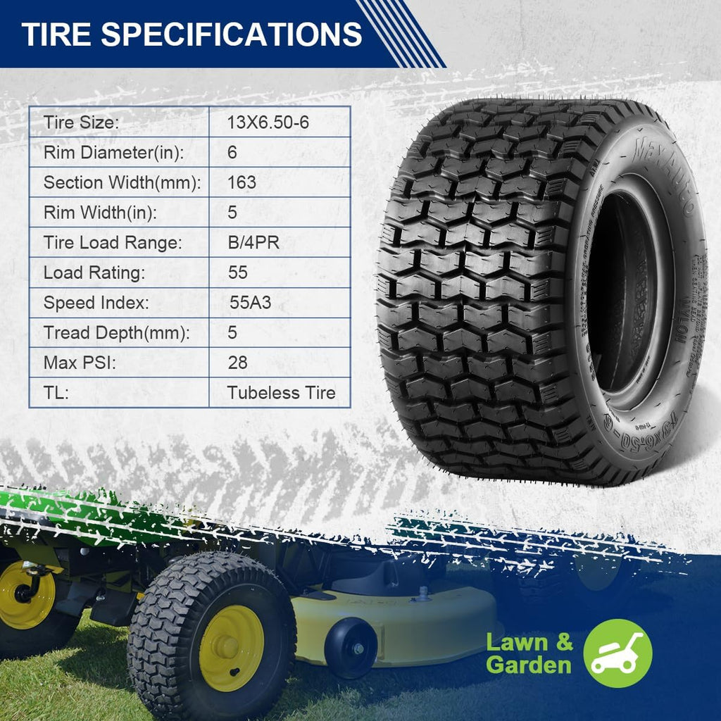 2 Pcs 13x6.50-6 Mower Turf Tires 13x6.5-6 Lawn and Garden Tractor Tires, 13x6.5x6 Zero Turn Mower Tire, Tubeless