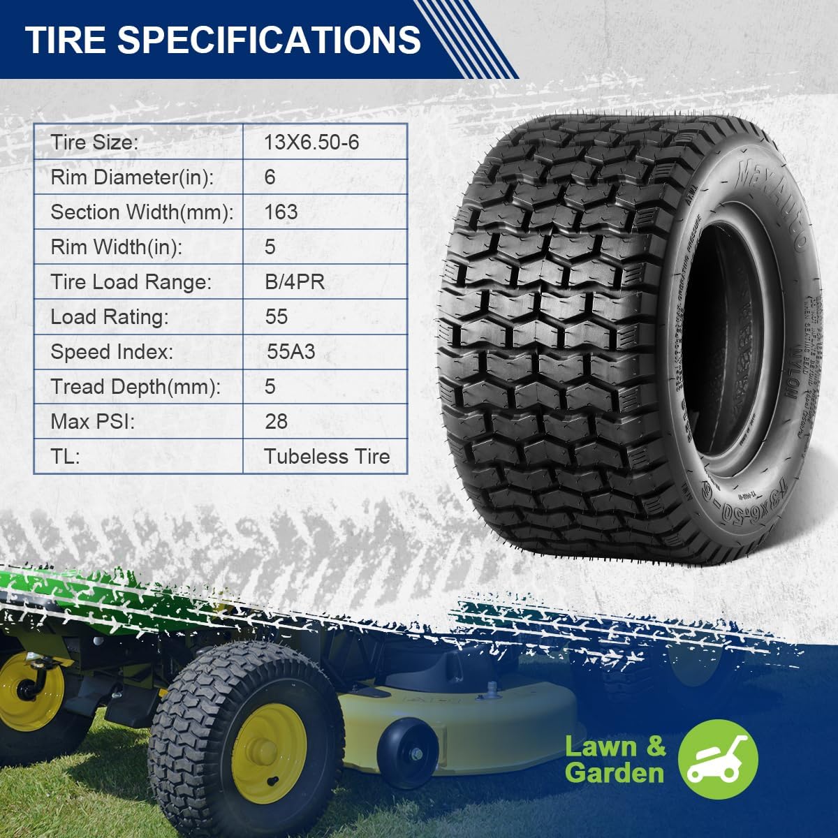 2 Pcs 13x6.50-6 Mower Turf Tires 13x6.5-6 Lawn and Garden Tractor Tires, 13x6.5x6 Zero Turn Mower Tire, Tubeless