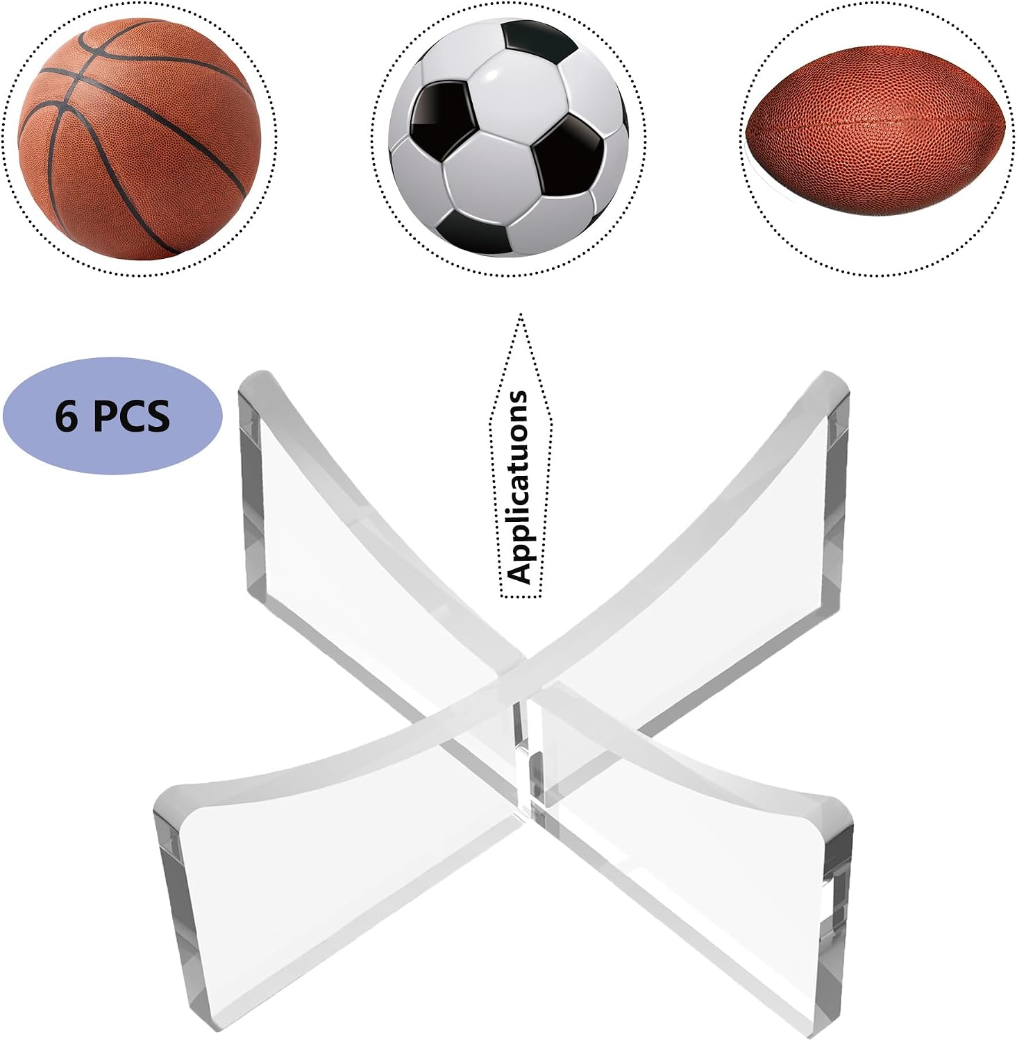 Acrylic Ball Stand Holder, 6-Pack Display Stands for Football Basketball Soccer, Volleyball Rugby Clear Case Rack
