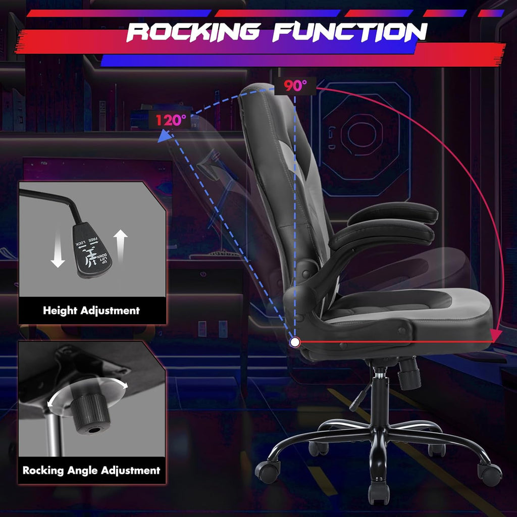 Computer Gaming Desk Chair - Ergonomic PU Leather with Comfy Lumbar Support, Height Adjustable Rolling Desk with