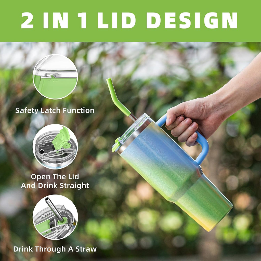 40 oz tumbler with handle and straw,Double Wall Vacuum Reusable Stainless Steel Insulated Water Bottle,With Leak