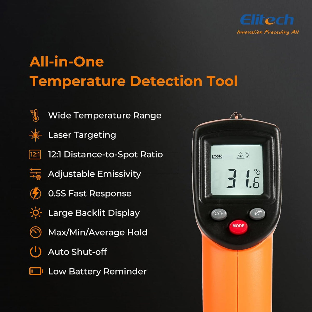 Laser Temperature Gun, Non-Contact Digital Infrared Thermometer, Adjustable Emissivity, Backlight, Handheld for
