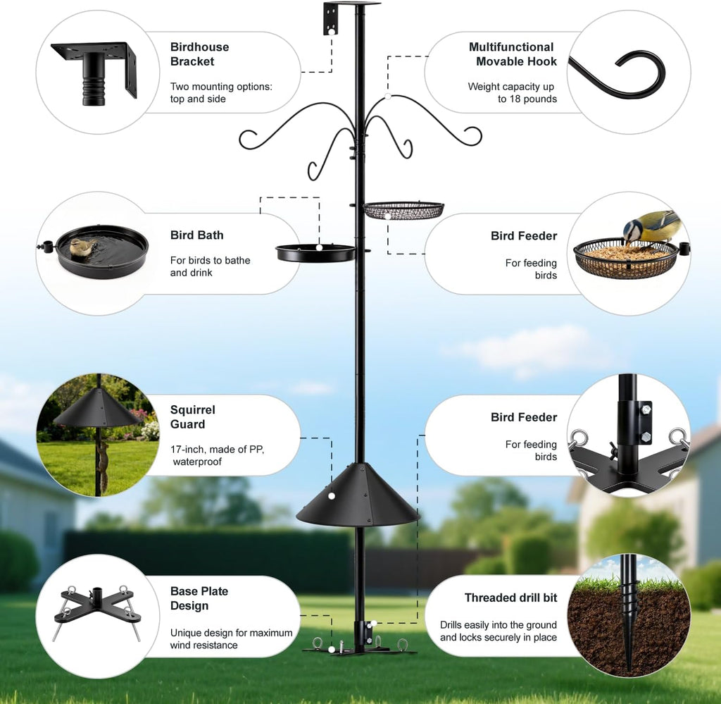 92 Inch Squirrel Proof Bird Feeder Pole with X shape Base Plate, Heavy Duty 1 Inch Dia Bird House Pole, Adjustable