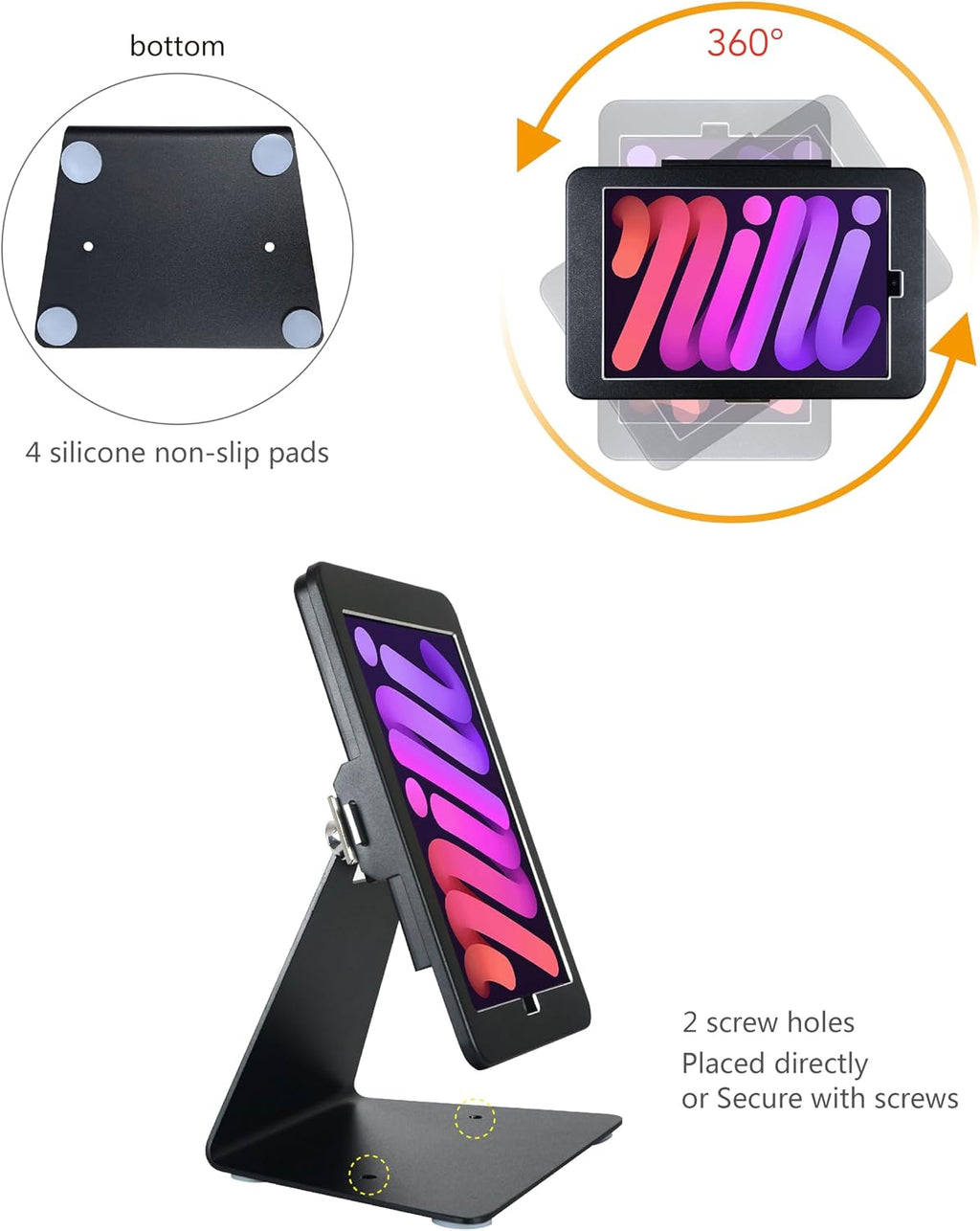 Desktop Anti-Theft Security Kiosk Stand Holder for iPad mini 7 A17 Pro 2024 8.3"/ iPad mini 6 2021 8.3",with Lock &