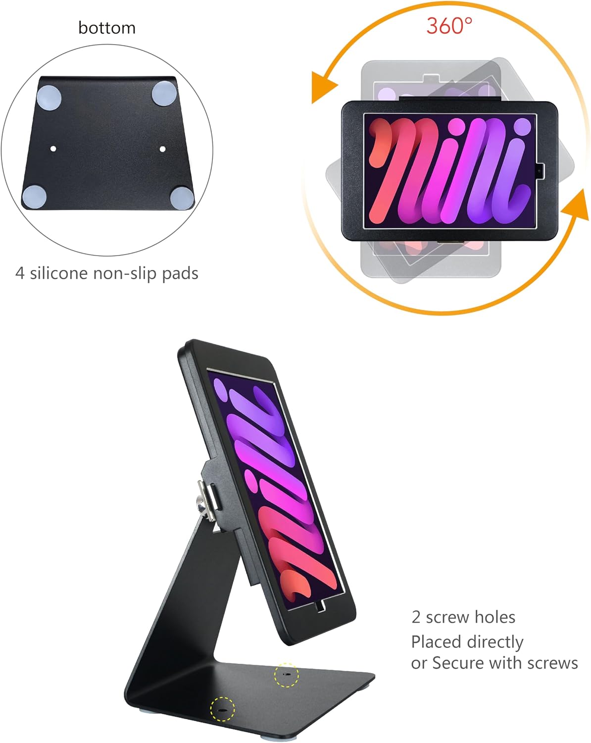 Desktop Anti-Theft Security Kiosk Stand Holder for iPad mini 7 A17 Pro 2024 8.3"/ iPad mini 6 2021 8.3",with Lock &
