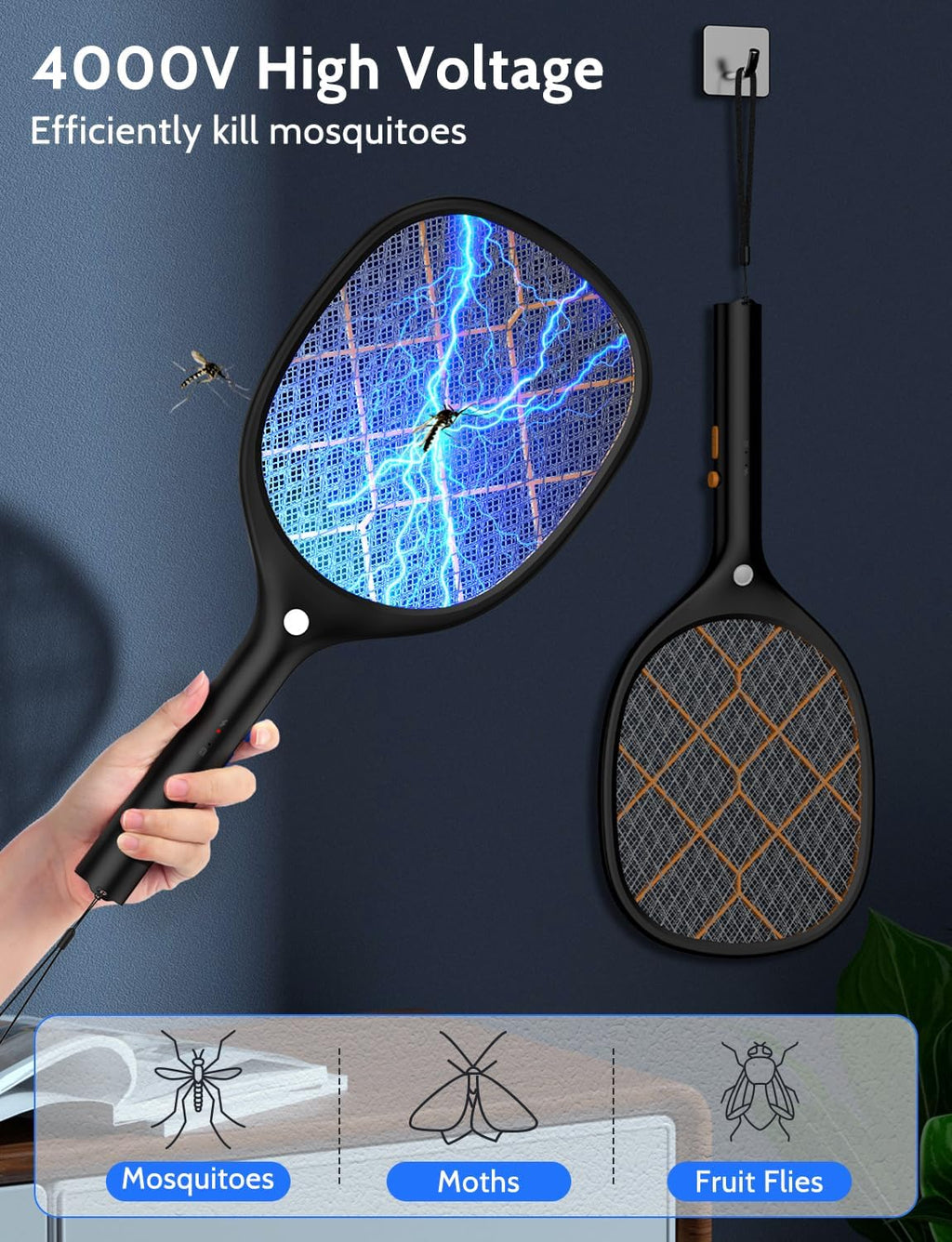 Electric Fly Swatter Bug Zapper Racket 4000V Rechargeable Mosquito Killer with LED Light for Indoor Home Office