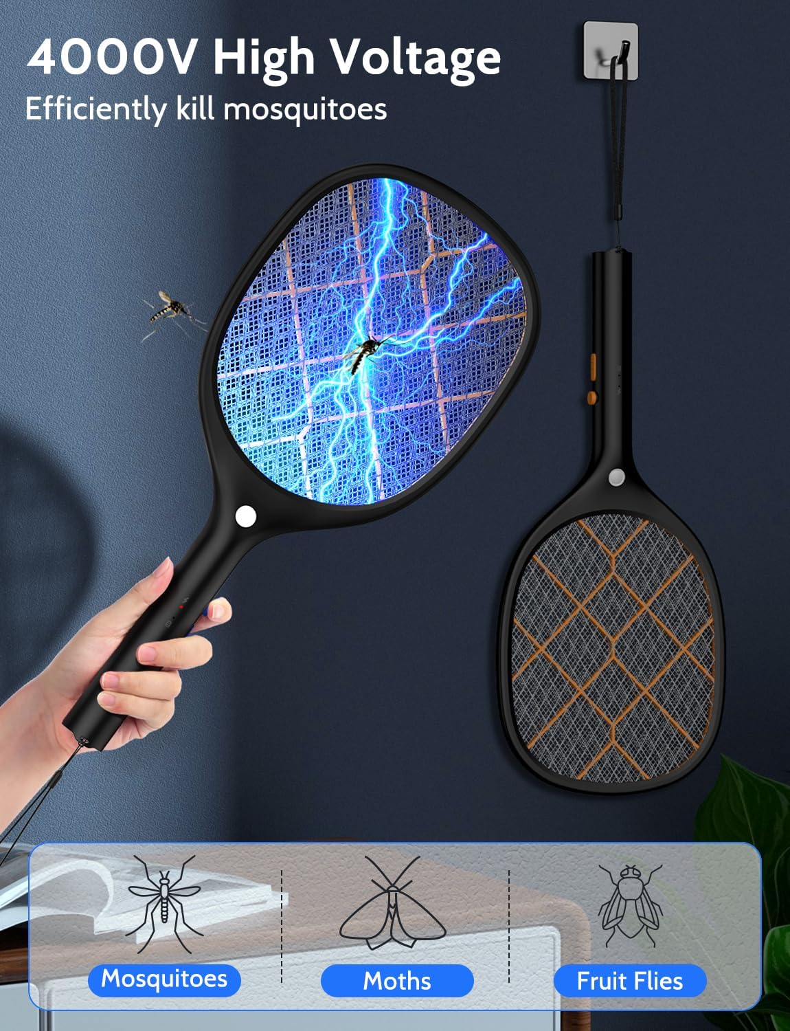 Electric Fly Swatter Bug Zapper Racket 4000V Rechargeable Mosquito Killer with LED Light for Indoor Home Office