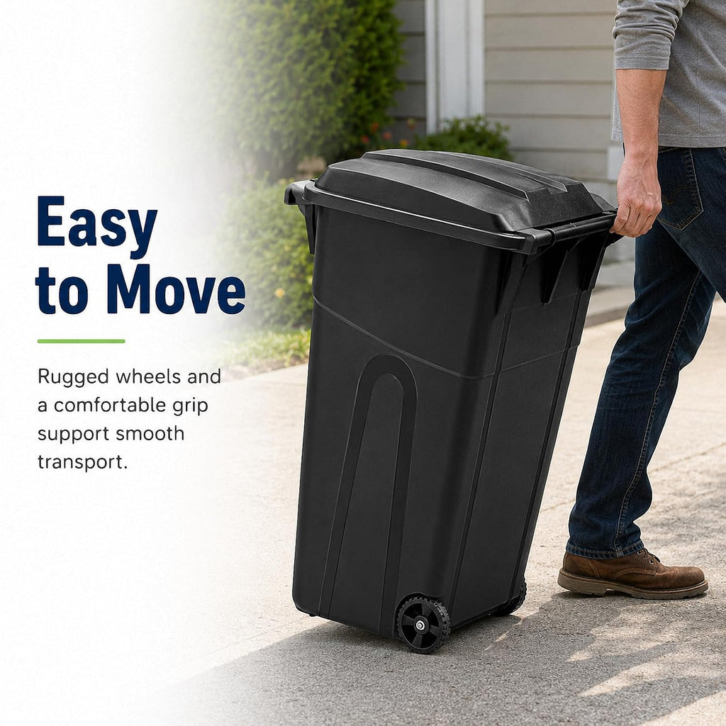 32 Gallon Outdoor Trash Can with Wheels, Heavy Duty Garbage Bin for Patio | Rugged Polypropylene Material, Click Lock