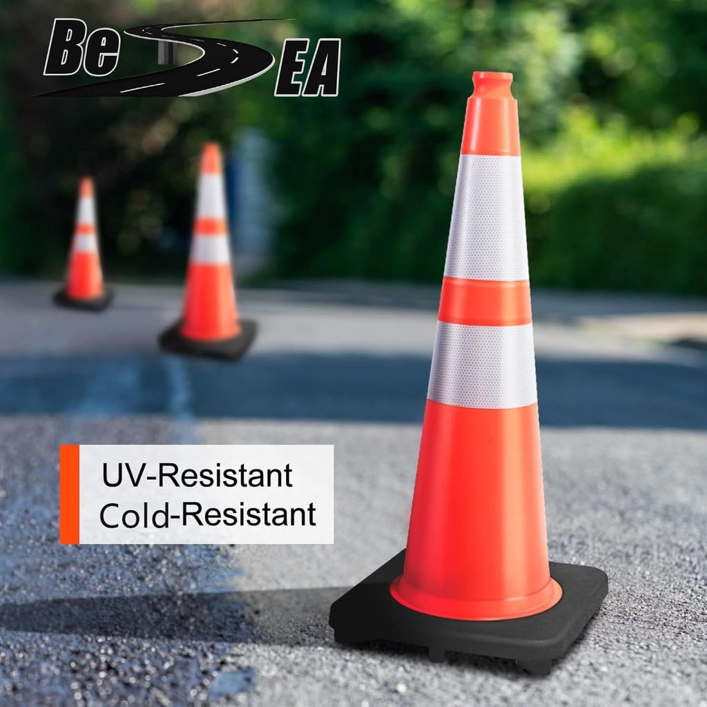 28 Inch Orange Traffic Cones, Heavy Duty Rubber Base | Heavy Duty Safety Cones with Weighted Rubber Base, Stable
