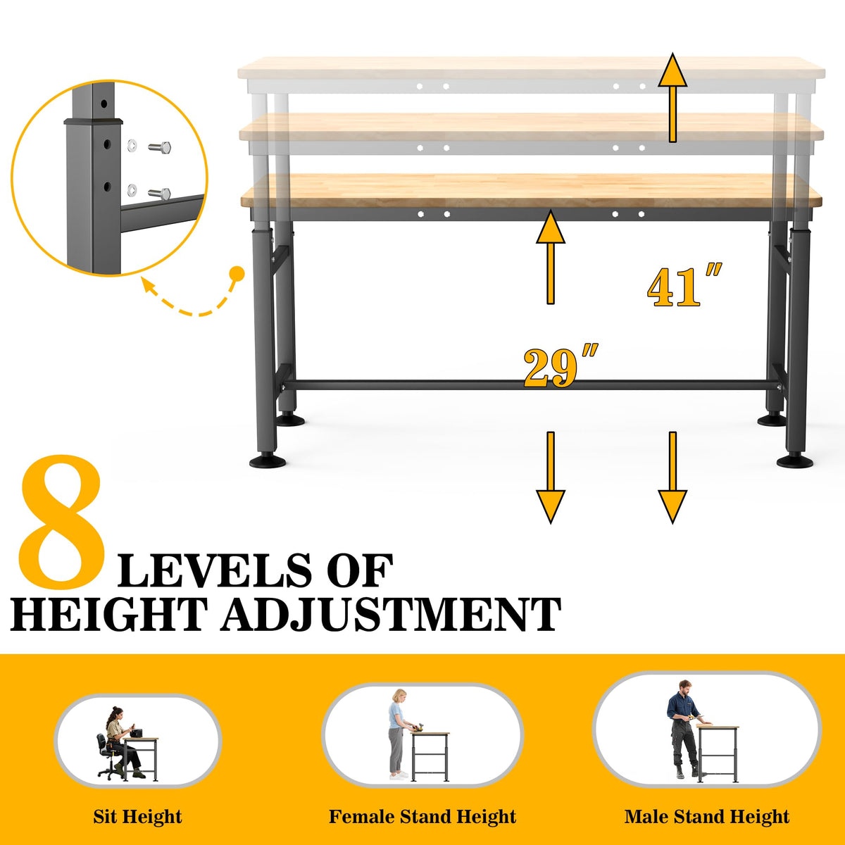 Workbench for Garage, Adjustable Height Work Table 60 x 23.5 inch
