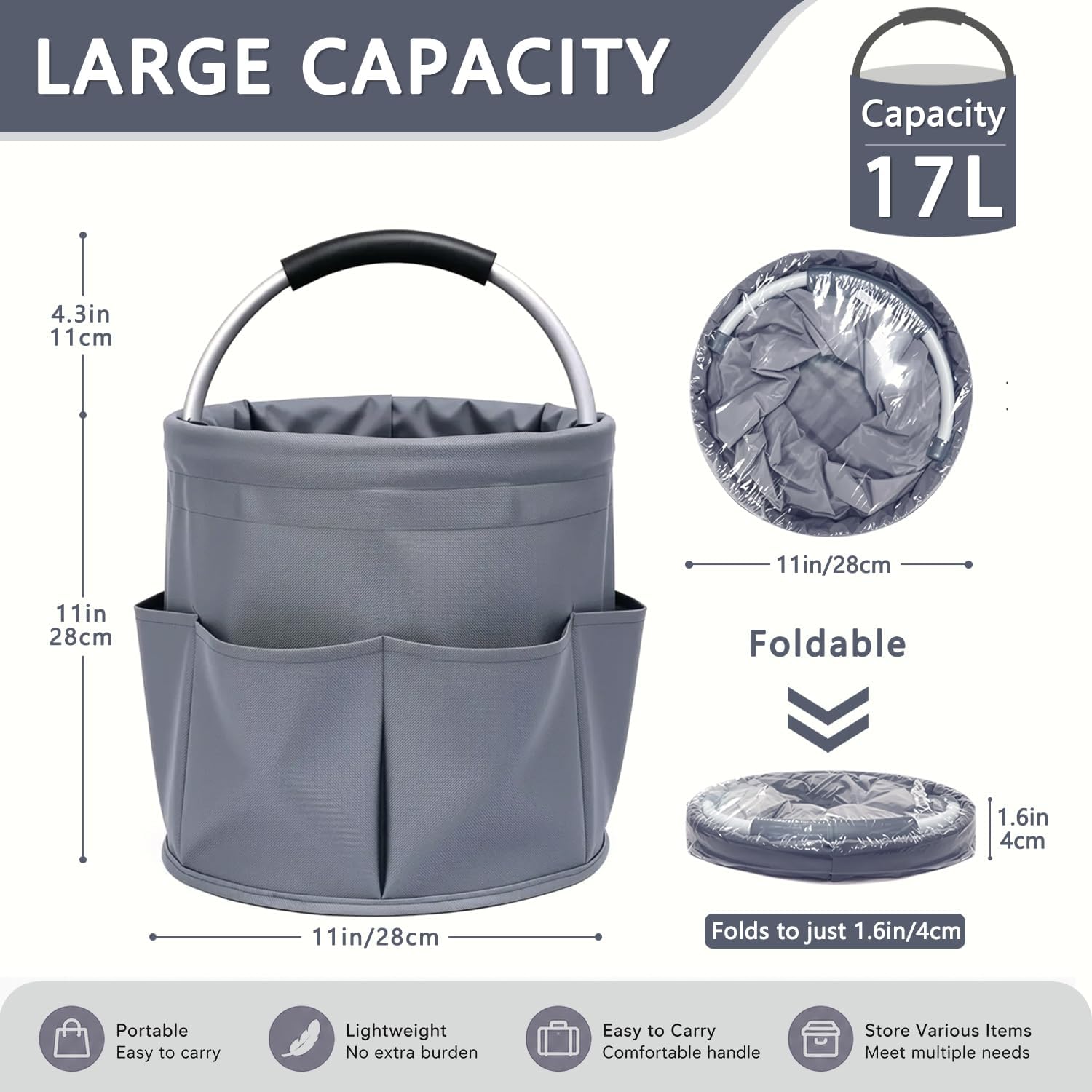 Cleaning Caddy with Handle, 17L Foldable Storage Basket, Heavy Duty 600D Oxford Cloth Organizer, Portable Supply Bag