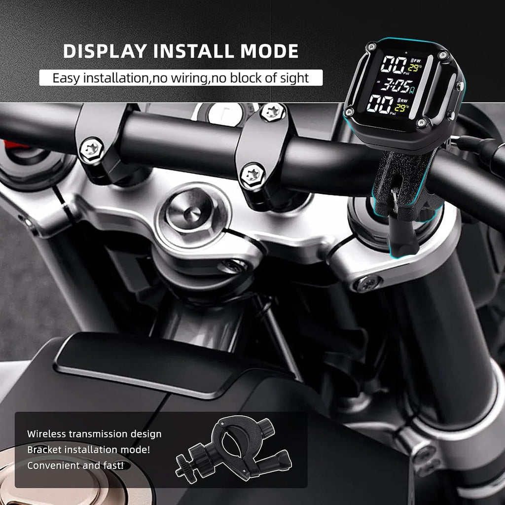 Motorcycle Tire Pressure Monitoring System, Motorcycle TPMS System | with 2 External Sensors, LCD Display, IP67