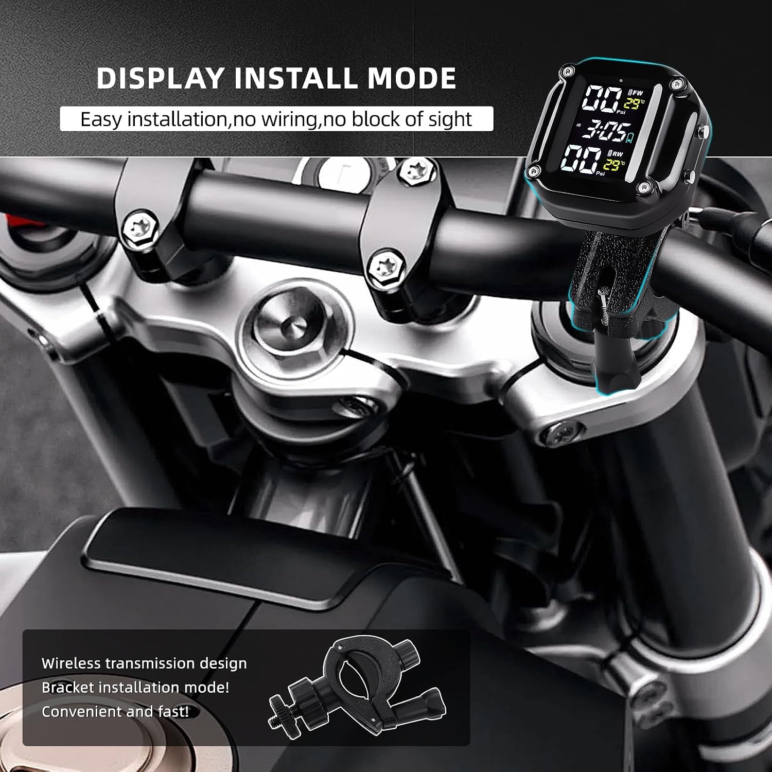 Motorcycle Tire Pressure Monitoring System, Motorcycle TPMS System | with 2 External Sensors, LCD Display, IP67