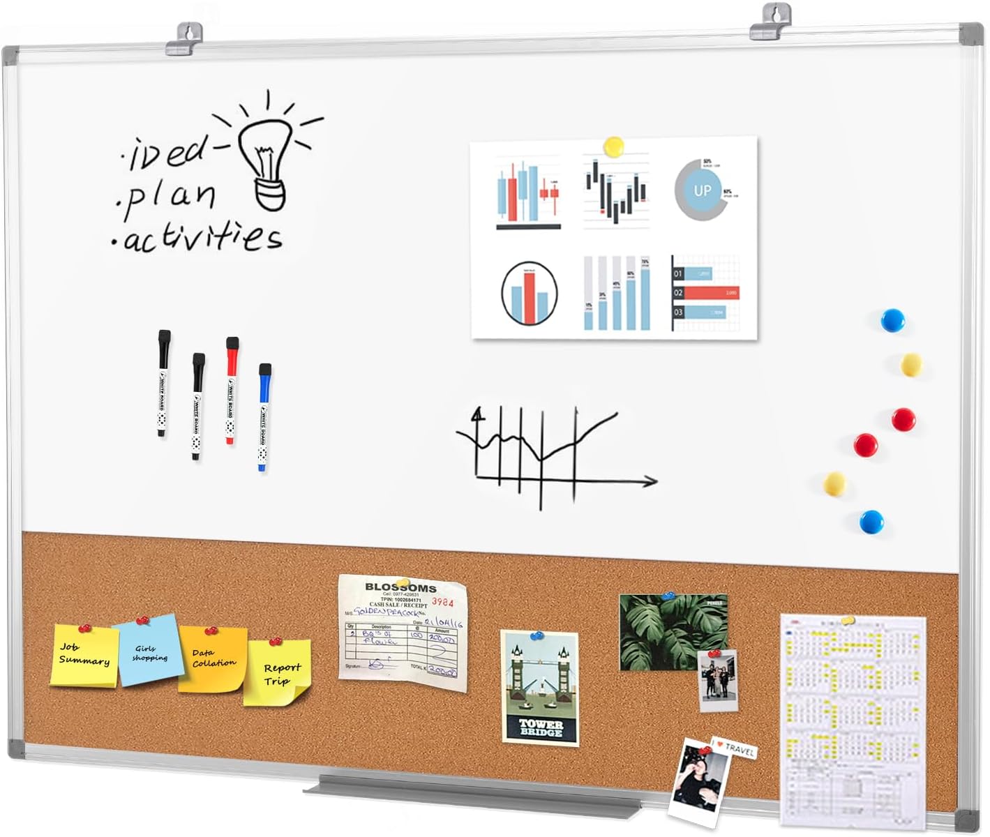 Magnetic Dry Erase and Cork Board Combo Hanging Whiteboard Notice Board for Wall Gift Home School Office, 36 x 24
