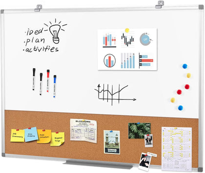 Magnetic Dry Erase and Cork Board Combo Hanging Whiteboard Notice Board for Wall Gift Home School Office, 36 x 24