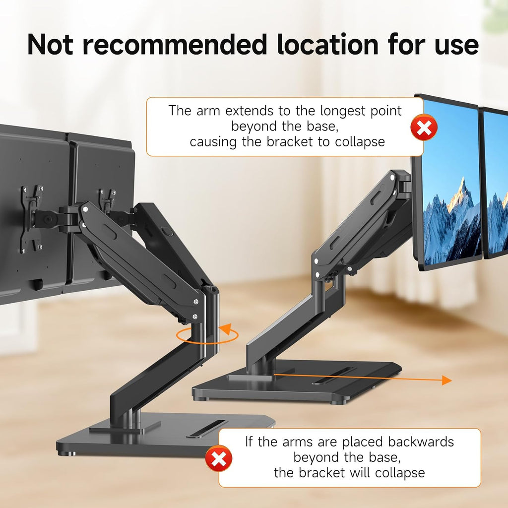 Adjustable Dual Monitor Arms with Base for 17-32" Screens | Pneumatic Dual VESA Monitor Mount with Base, Freestanding