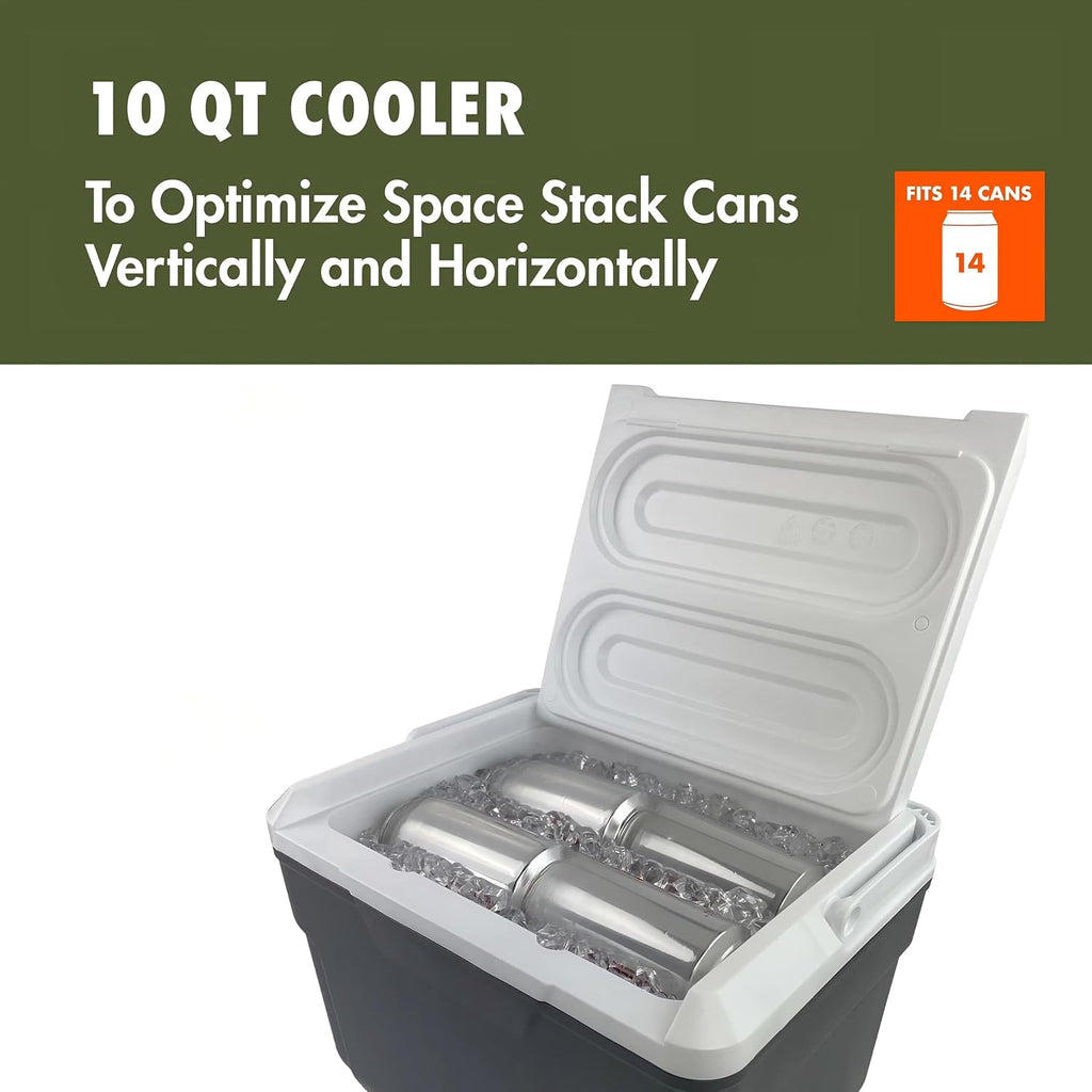 10 QT 14-Can Hard-Sided Cooler Gray, Portable Insulated Ice Chest with Secure Lid, Leakproof Small Cooler Box for