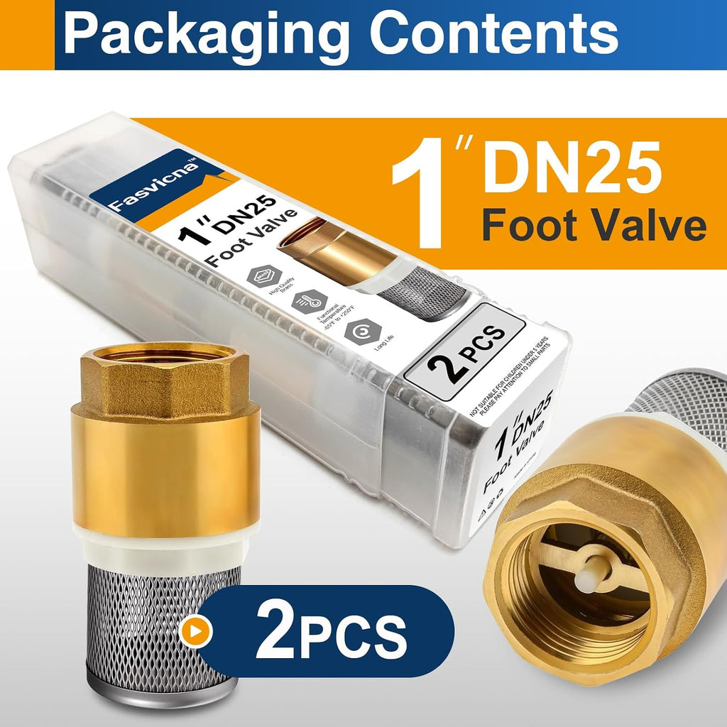 2 Pack 1" DN25 Brass Foot Valve with Strainer, Check Valve