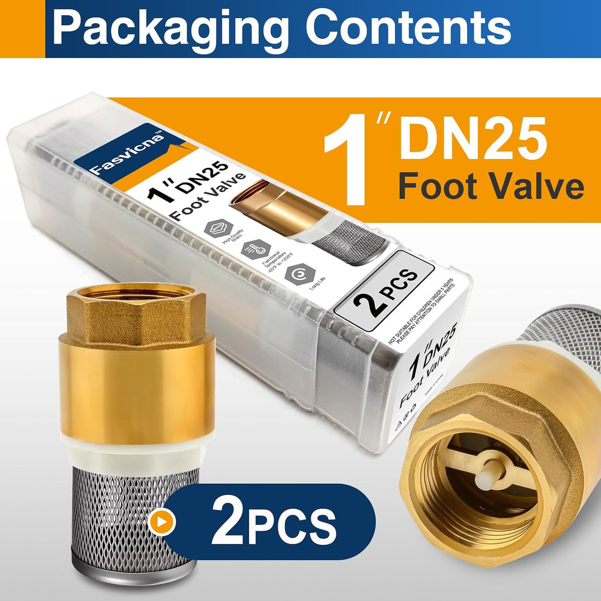 2 Pack 1" DN25 Brass Foot Valve with Strainer, Check Valve