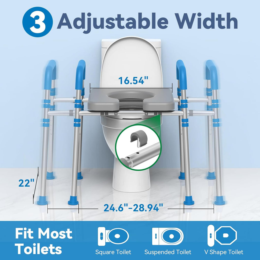 Raised Toilet Seat with Handles, Padded Toilet Seat Risers for Seniors, Adjustable Height & Width Toilet Riser