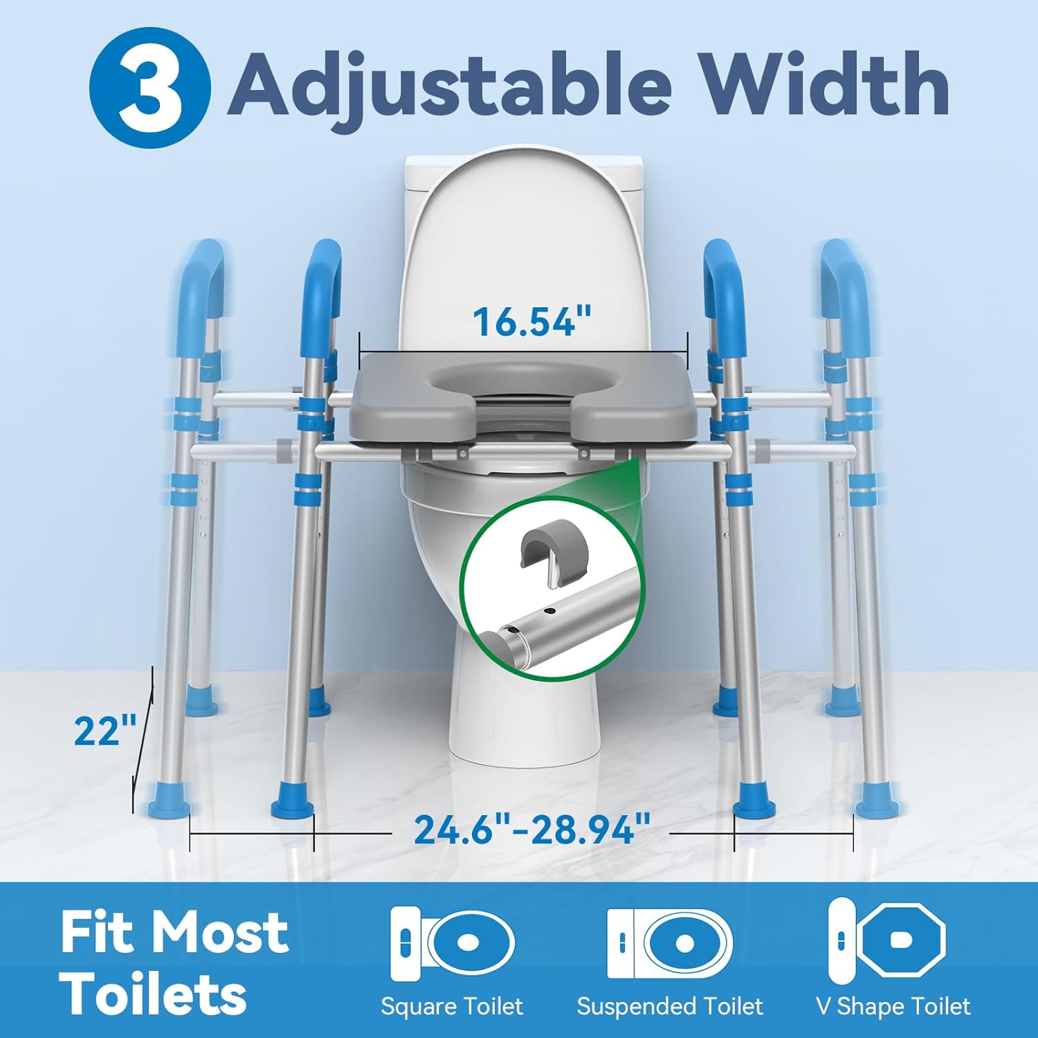 Raised Toilet Seat with Handles, Padded Toilet Seat Risers for Seniors, Adjustable Height & Width Toilet Riser