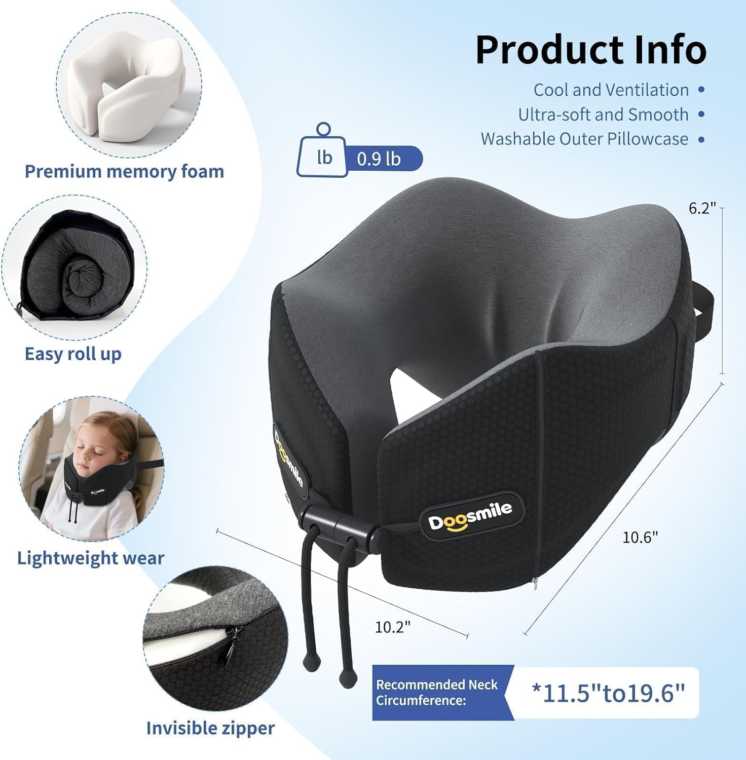Patented Head-Bobble-preventing Ergonomic 360° Supporting Golden Formula Memory Foam Travel Neck Pillow w/3D