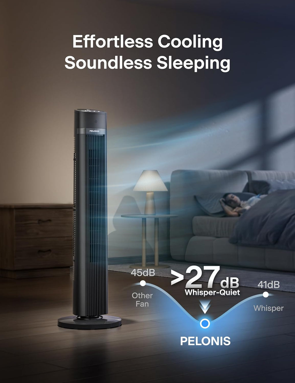 40 inch Bladeless Tower Fan for Bedroom, Standing Fan with Remote Control, 26ft/s, 90° Oscillation, 3 Speed Settings