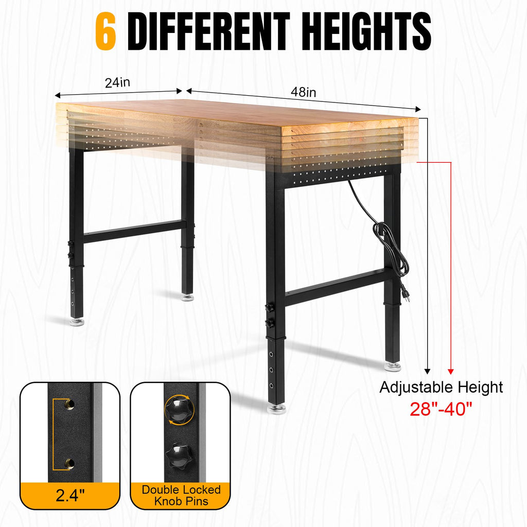 48" Heavy Duty Work Bench, Adjustable Workbench, 2000 LBS Load Capacity Rubber Wood Work Table with Pegboard, Power