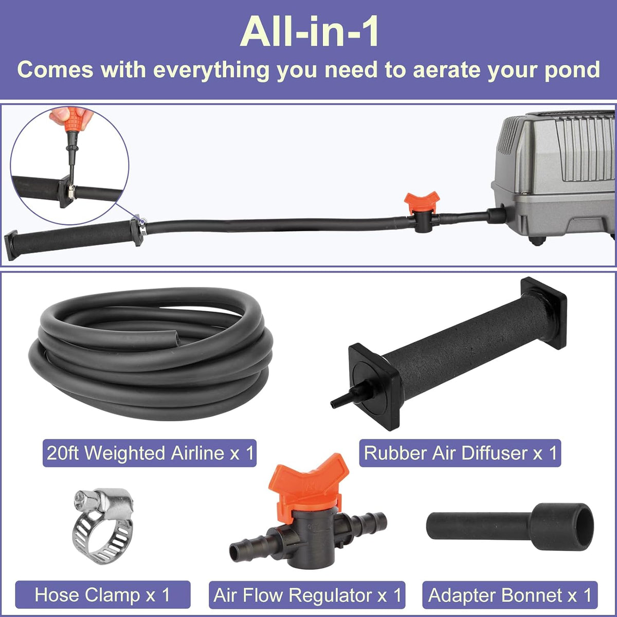 Koi Pond Aerator Pond Air Pump with Self-Sinking Airline Rubber Air Diffuser, Air Flow Control Pond Deicer All-in-One