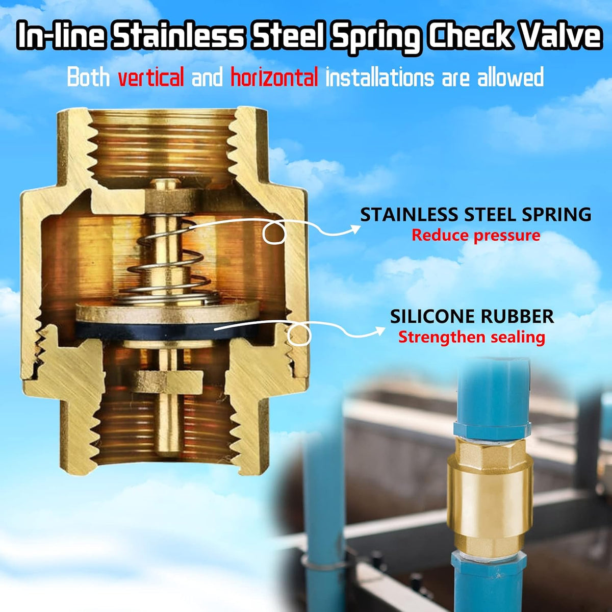 2PCS 3/4 NPT Thread Spring Check Valve, Brass Non Return One Way Horizontal Vertical Inline Water Check Valve for Well, Pump, Tank, Backflow Prevention