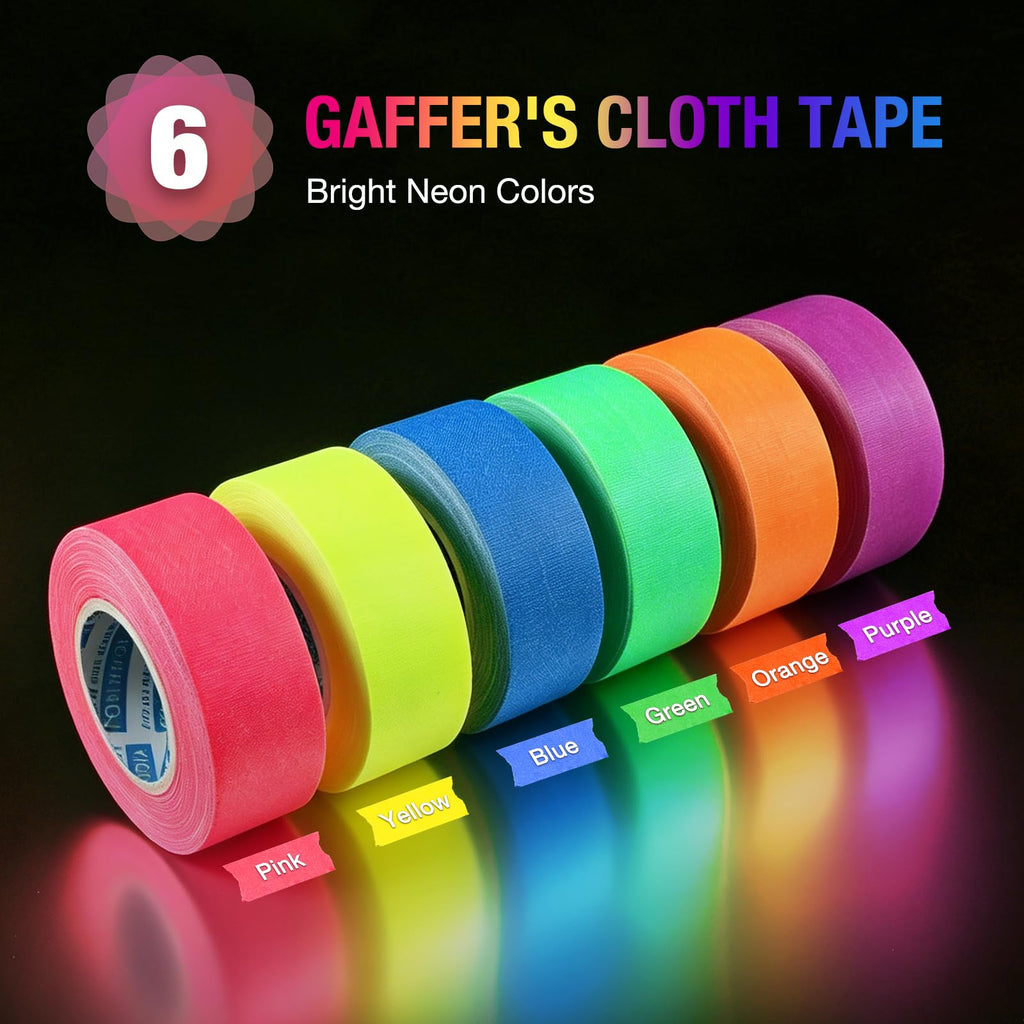 6-Pack 1in x 32.8ft Neon Gaffer Tape, Strong & Fluorescent Glow