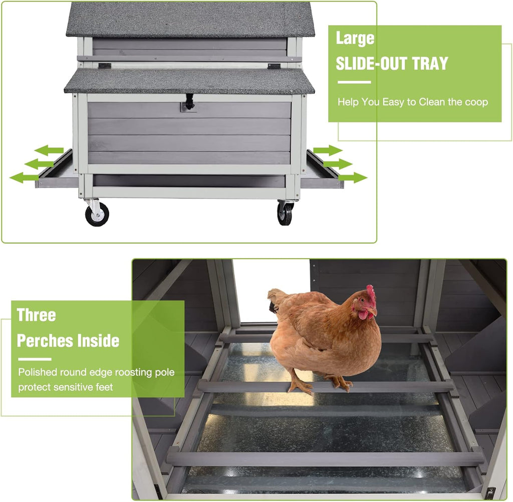 Large Chicken Coop on Wheels Mobile Wooden Hen House Weatherproof Duck Poultry Cage 67.3" L for 6-8 Chickens with 6