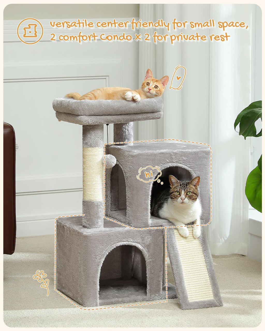 Cat Tree, 30 Inches Cat Tower with Dual Condos for Indoor Cats, Plush Cat House with Padded Perch, Scratching Ramp