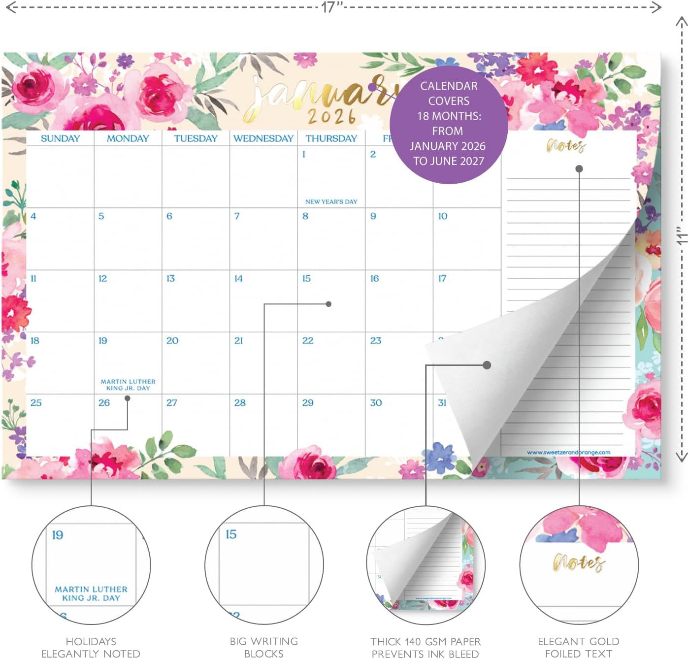 S&O Watercolor Floral Large Desk Calendar from January 2026 to June 2027 - Tear-Away Table Calendar 2026-2027