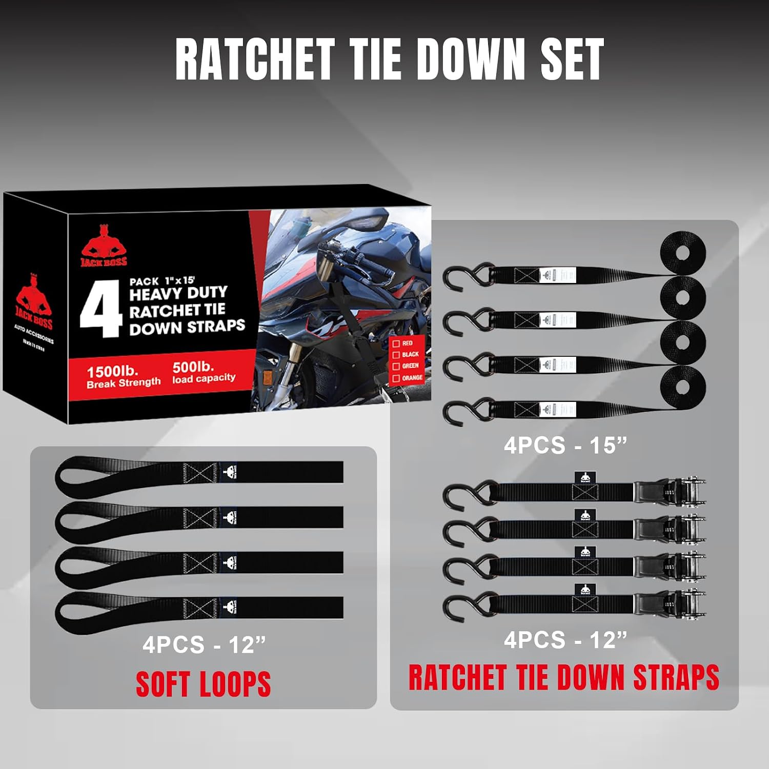 Ratchet Tie Down Straps Set,1500 lbs Break Strength, 1" x 15' Heavy Duty Ratchet Straps with 4X Soft Loops Padded