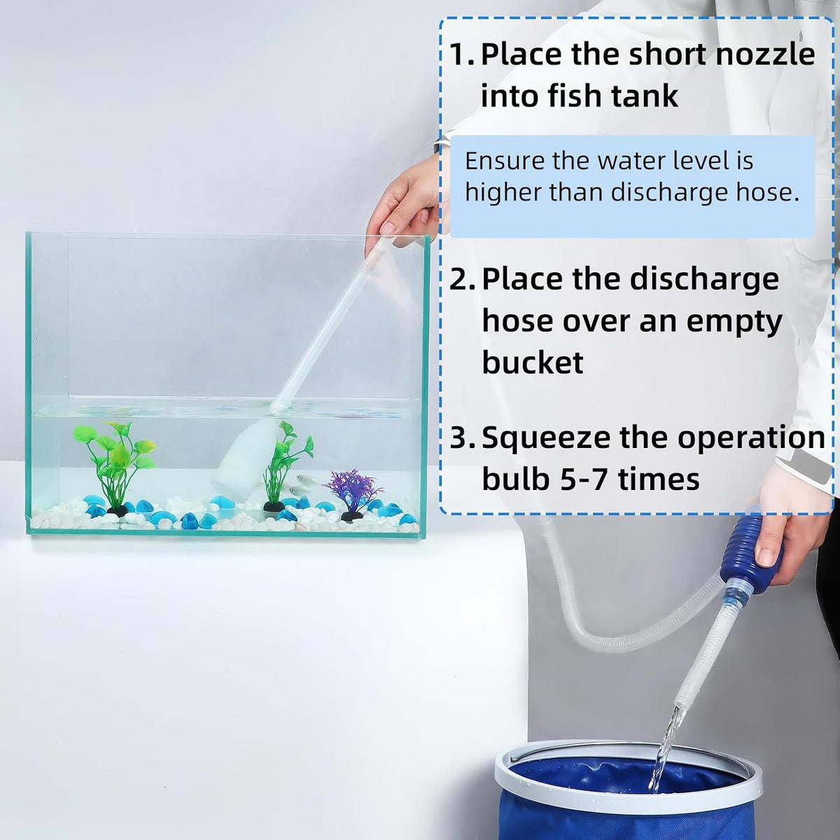 Aquarium Vacuum Siphon, Hand Pump Fish Tank Water Changer, with Fish Net Algae Scraper 5 in 1 Cleaning Set