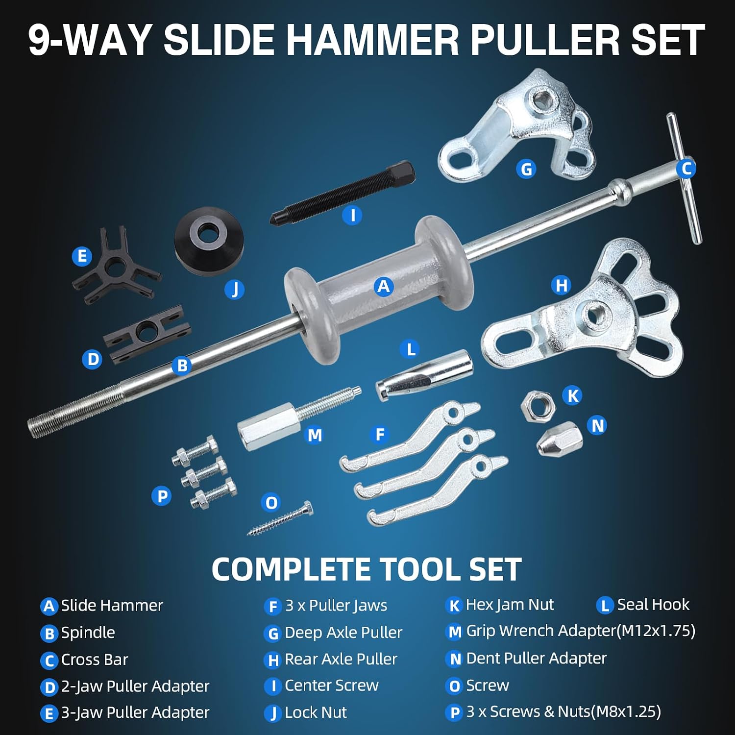 9 Way Slide Hammer Puller Axle Front Rear Wheel Bearing Dent Hub Gear Puller Remover Set