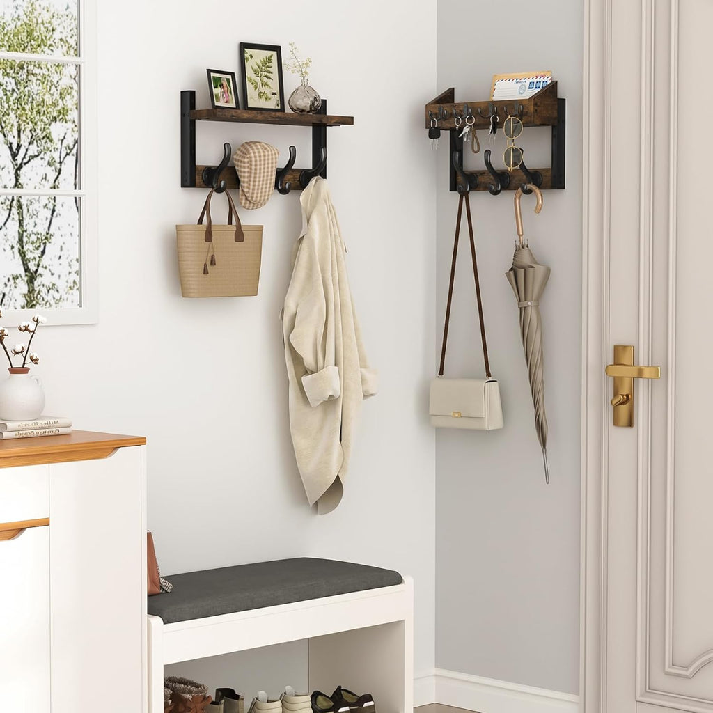 29" Coat Rack Wall Mount with Shelf, 4 in 1 Coat and Key Hanger with 11 Metal Hooks, Entryway Wall Mounted Shelf with