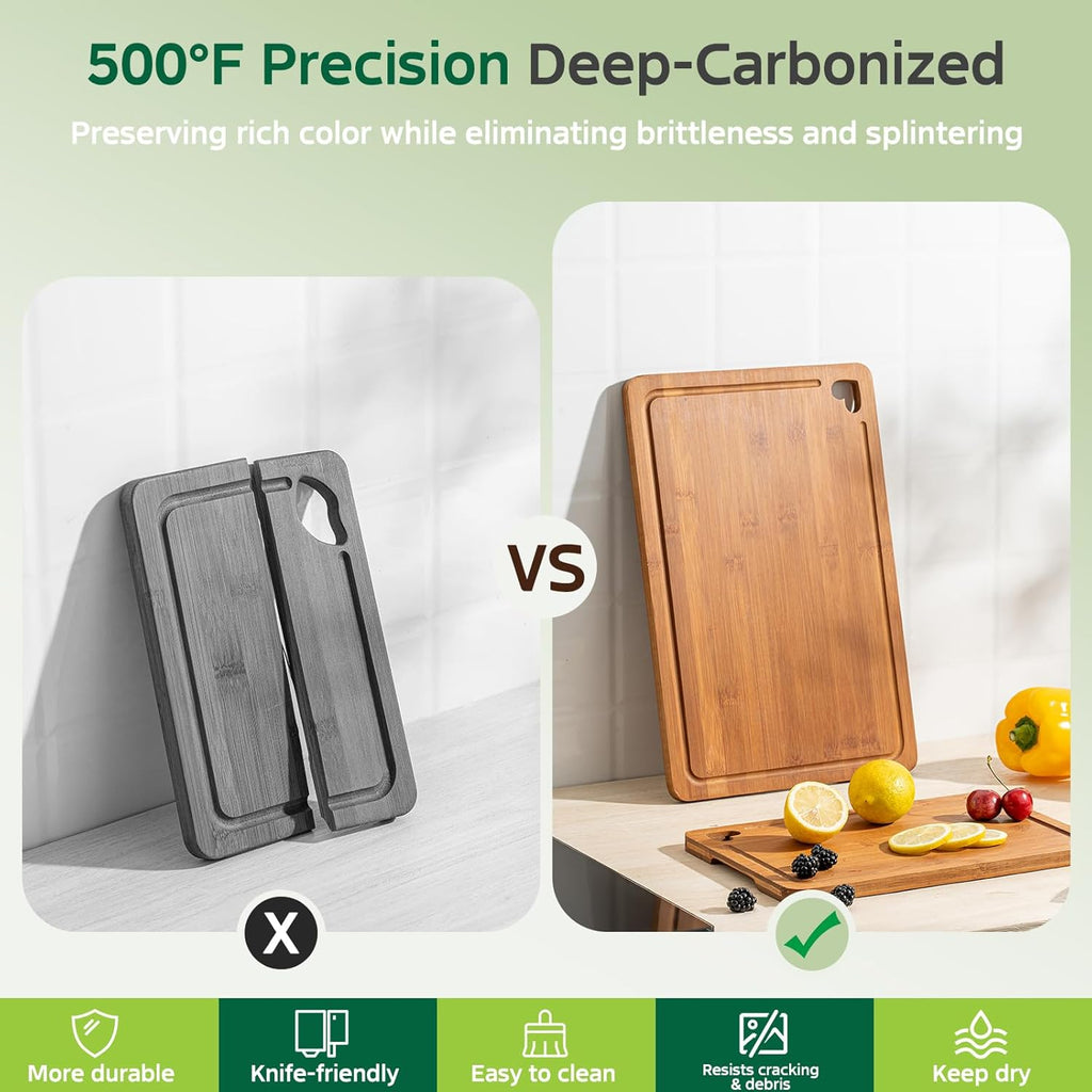 Bamboo Cutting Boards for Kitchen(Set of 3), Wood Cutting Board with Wood Storage Stand, Charcuterie & Chopping Board