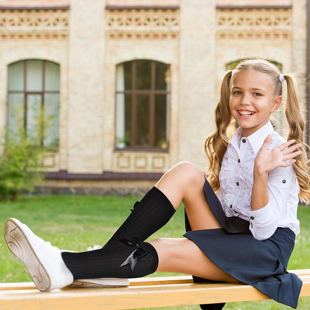 Girls Socks, 2 Pairs Girls Knee High Socks with Bows 4-12 Years | Soft Cotton, School Uniform Long Socks, Breathable